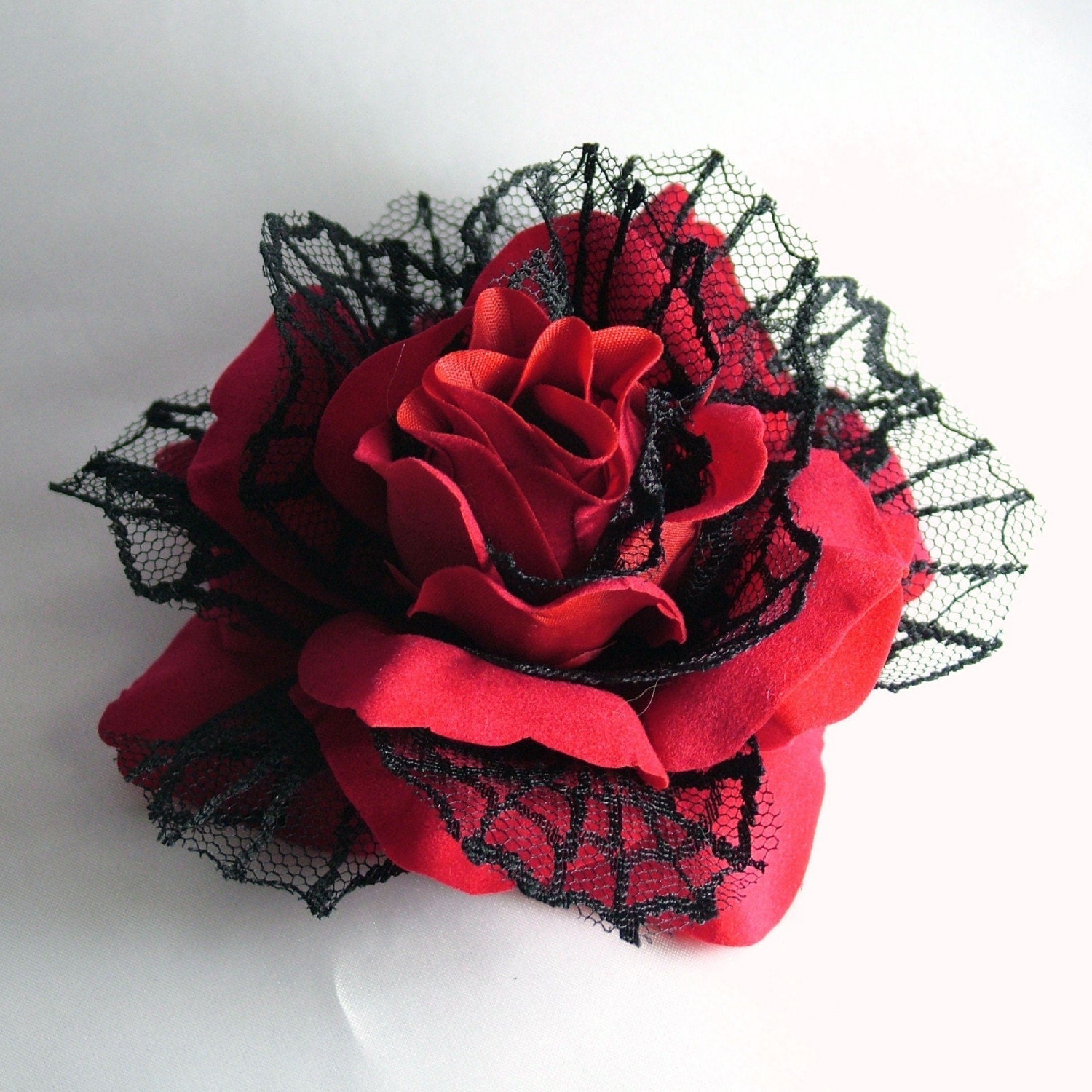 SEXY Big Red Hair Rose Flower with Black Net Spider Web Petals