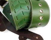 EcoGuitar Strap - Stitched Fern Green and Chocolate Brown Reclaimed Leather  - OOAK