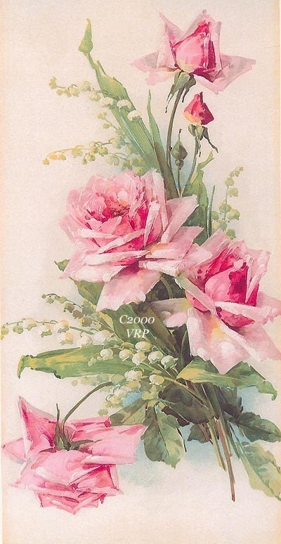 PRINT Pink Roses Lily Valley ROSE C. Klein Vintage Victorian Antique Art Lithograph Illustration Photo