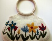 Beautiful white felted handbag tote with colorful needle felted flowers and wooden handles