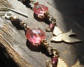 Summer Pink Cherry Quartz Beaded Earrings With Brass Bird Charms - so pretty for summer