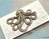 Octopus Business Card Holder - Silver Plated Metal - Slim Vintage Style Victorian Design - CosmicFirefly Exclusive Nautical Steampunk Awesomeness