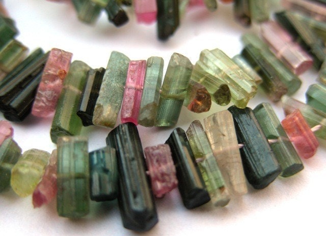 Fabulous Natural Green Pink Tourmaline Crystal Beads - 9 Inch Strand