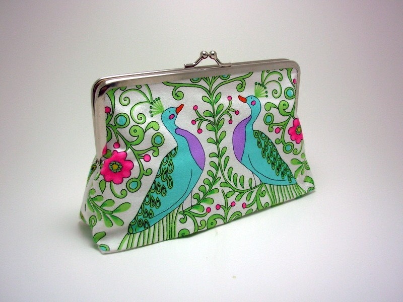 Large
 Clutch Purse - New Monaco Peacocks in White No. 2 with pink silk 
lining