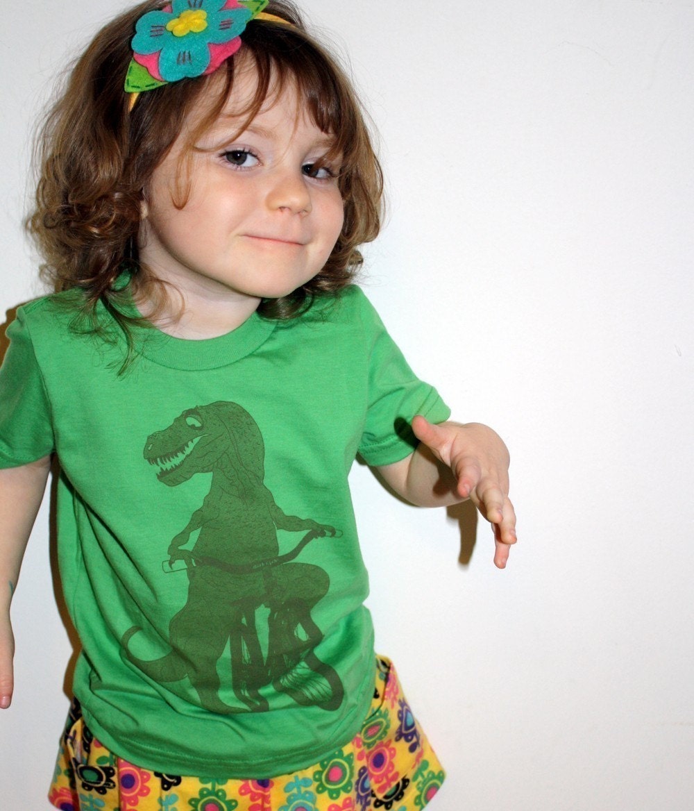 Hearts Dinosaur on a Bicycle - Grass Green Short Sleeve T-Shirt - American Apparel - Available in 2, 4, 6