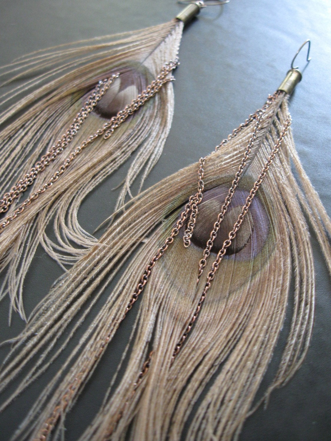 Somnambulism - Bleached Peacock Feather Brass Chain Recycled Bullet Casing Earrings