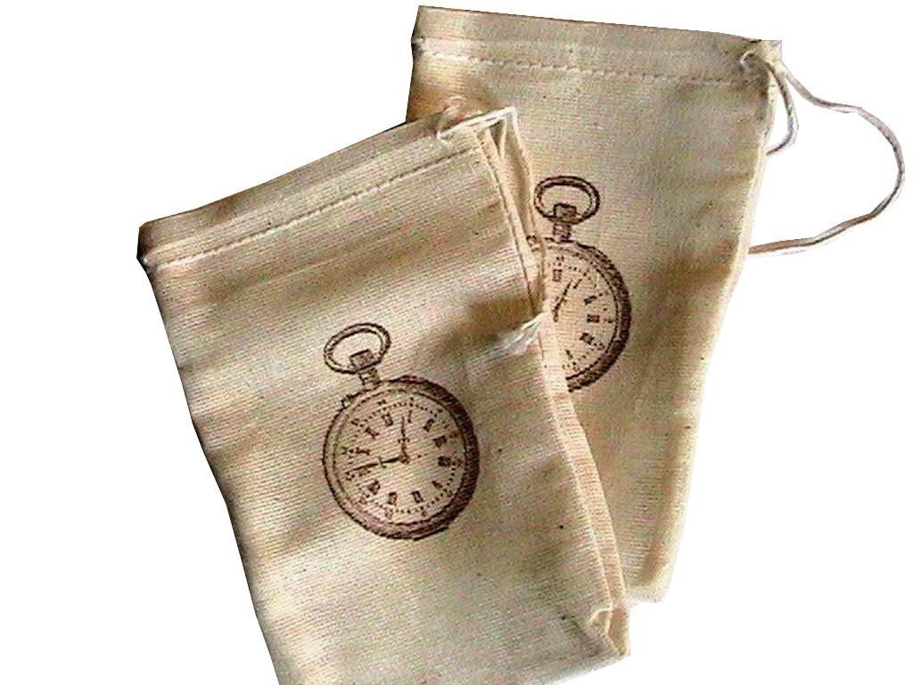 10 3x5 Vintage Pocket Watch Unbleached Muslin  drawstring bags/ pouches Great for Party favors Herbs Soaps etc WHOLESALE CRAFT SUPPLY