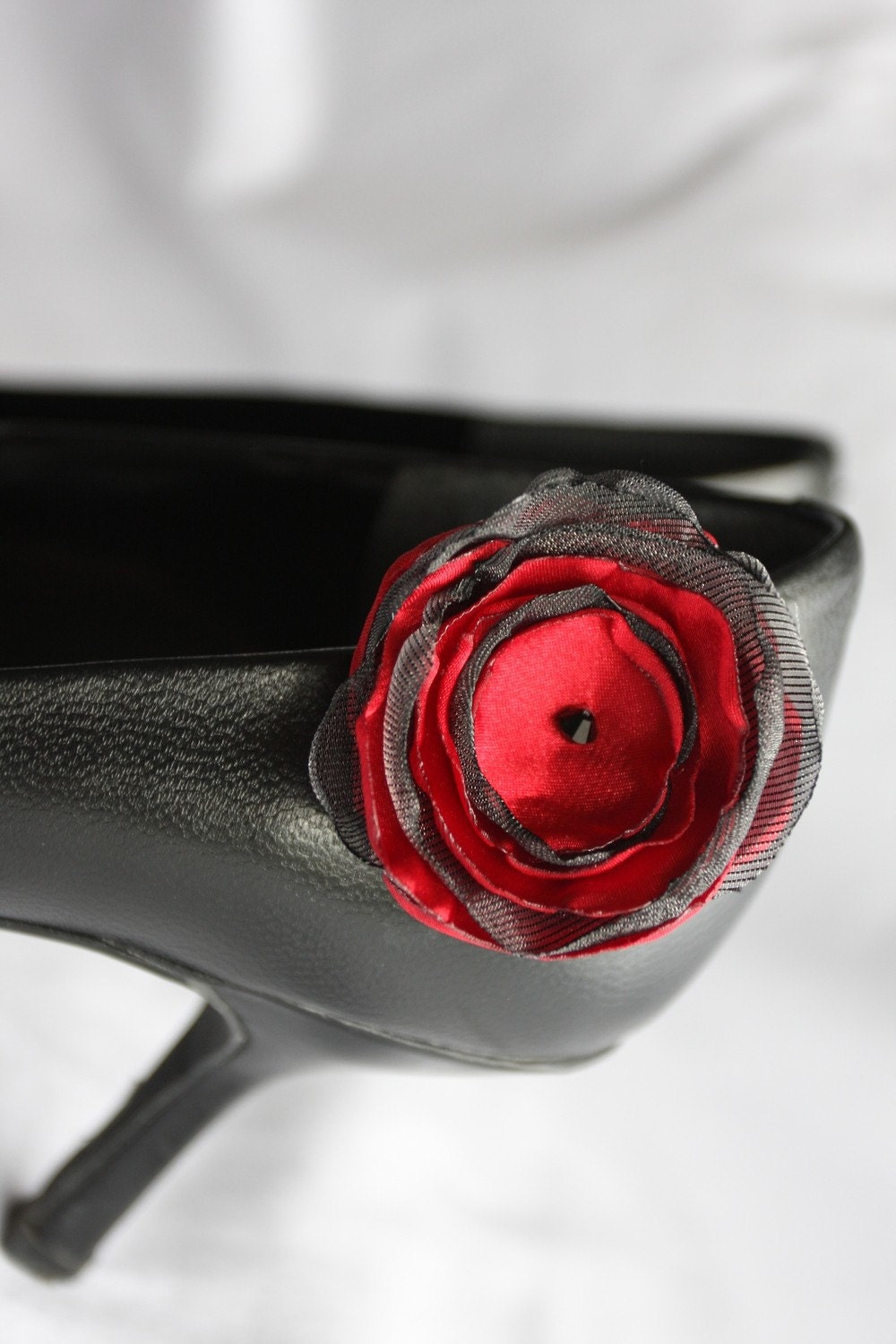 Ruby red and grey, satin and organza shoe clips
