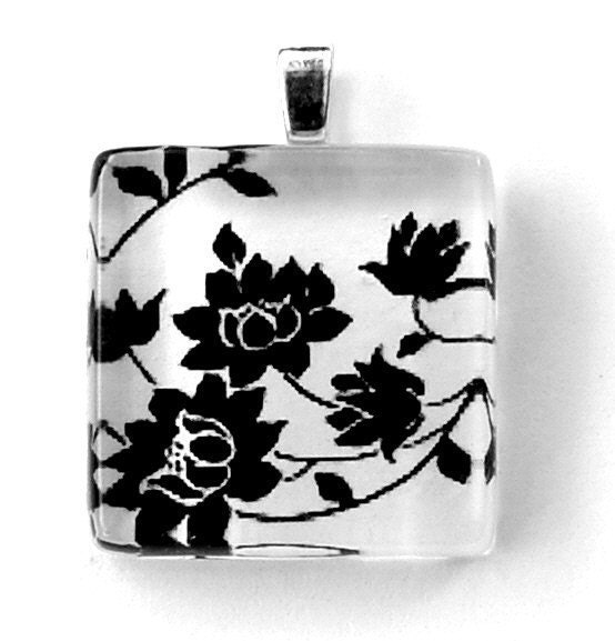 ON SALE - Classic Black and White Floral Glass Tile Pendant Necklace - Chain and Gift Tin Included