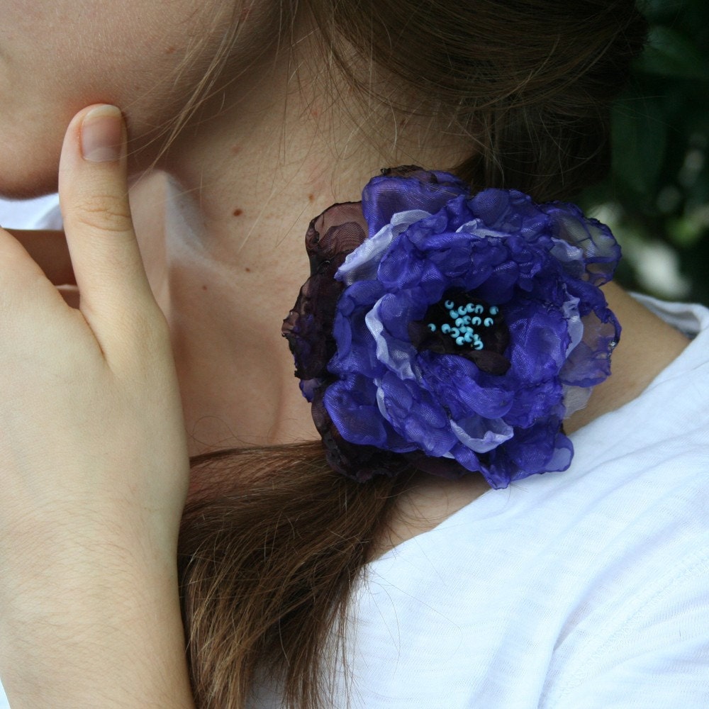 flower satin hair barrette in lavender purple and blue