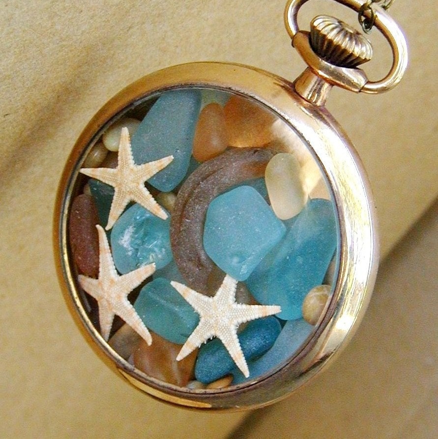 The Moon and the Stars Antique 14k GF Pocket Watch Locket Sea Glass Necklace