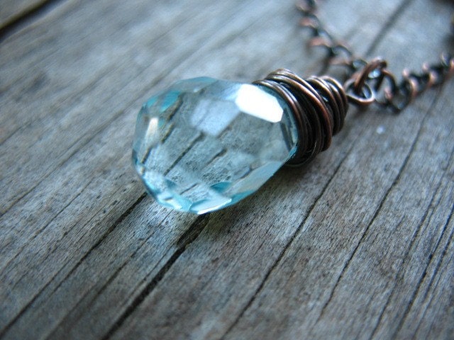 Aquamarine Quartz Necklace - Copper and Aquamarine Briolettes - Dew Drop