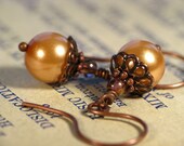 Caramel - Petite Glass Pearl Earrings in Antiqued Copper