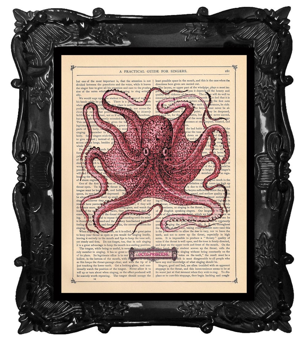 FREE SHIPPING WORLDWIDE PINK OCTOPUS PRINT OCTOPRINCESS on a Antique 1890 Book Page