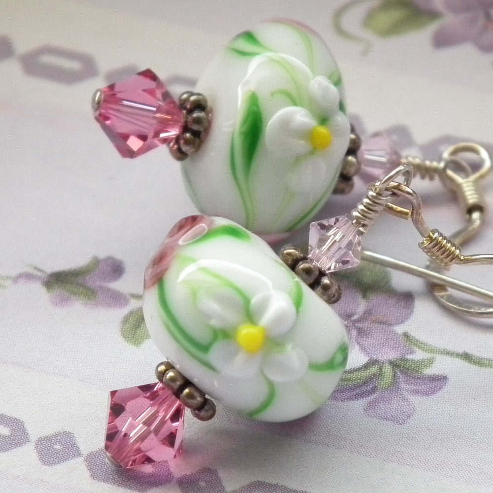 White Flower Lampwork Crystal Earrings