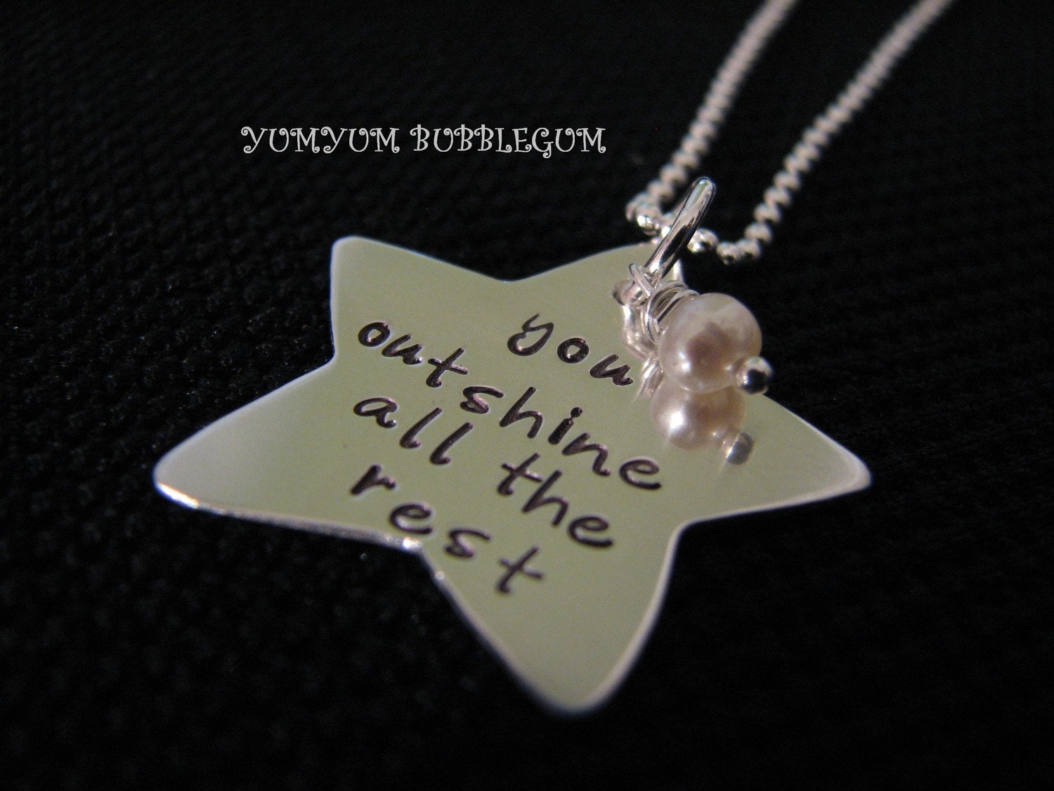 HANDSTAMPED STERLING SILVER STAR DISC PENDANT NECKLACE WITH MINI PEARL ACCENT