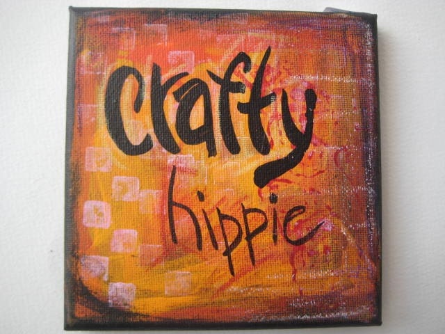Crafty Hippie, original monochromatic orange mixed media painting on canvas panel