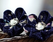 Tiny Petals on Blue - Kanzashi Flower Bobby Pins