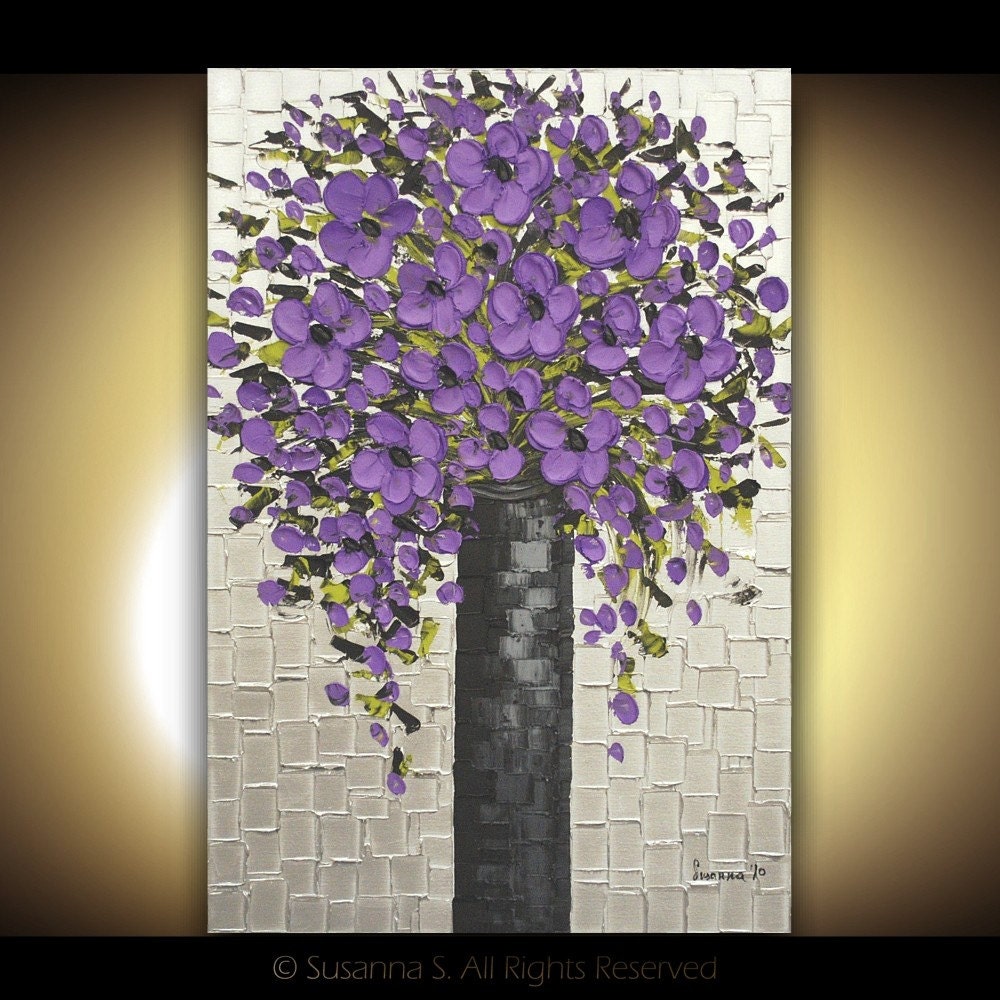Original modern art large abstract purple flowers bouquet palette knife oil painting by Susanna 36x24