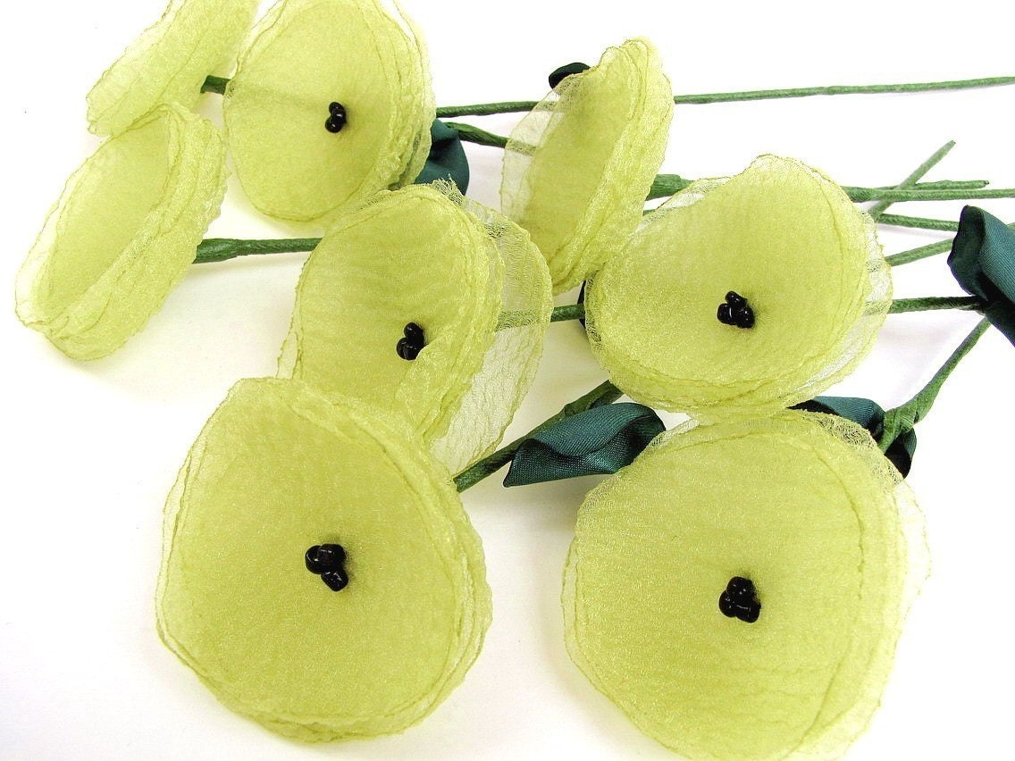 Handmade flowers with stems- set of 3 pcs- PEAR GREEN (as seen in BRIDES magazine)