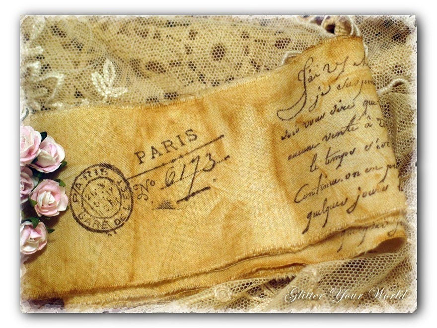 Shabby Cottage French Style Antiqued Hand Stamped Muslin Trim Ribbon German Glass Glitter 001
