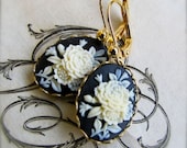 Black and Ivory Rose Cameo Earrings