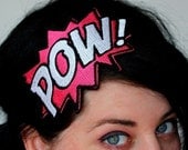 Comic pow embroidered headband hair decoration Shocking pink and white