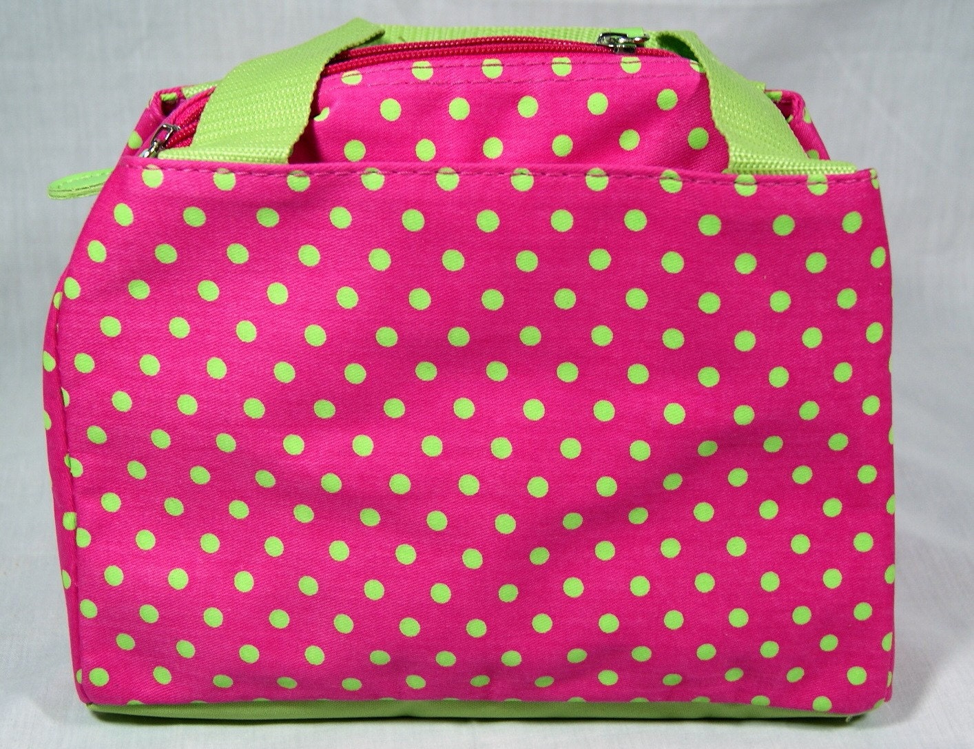 Personalized insulated lunch tote - Pink with small lime green polka dot