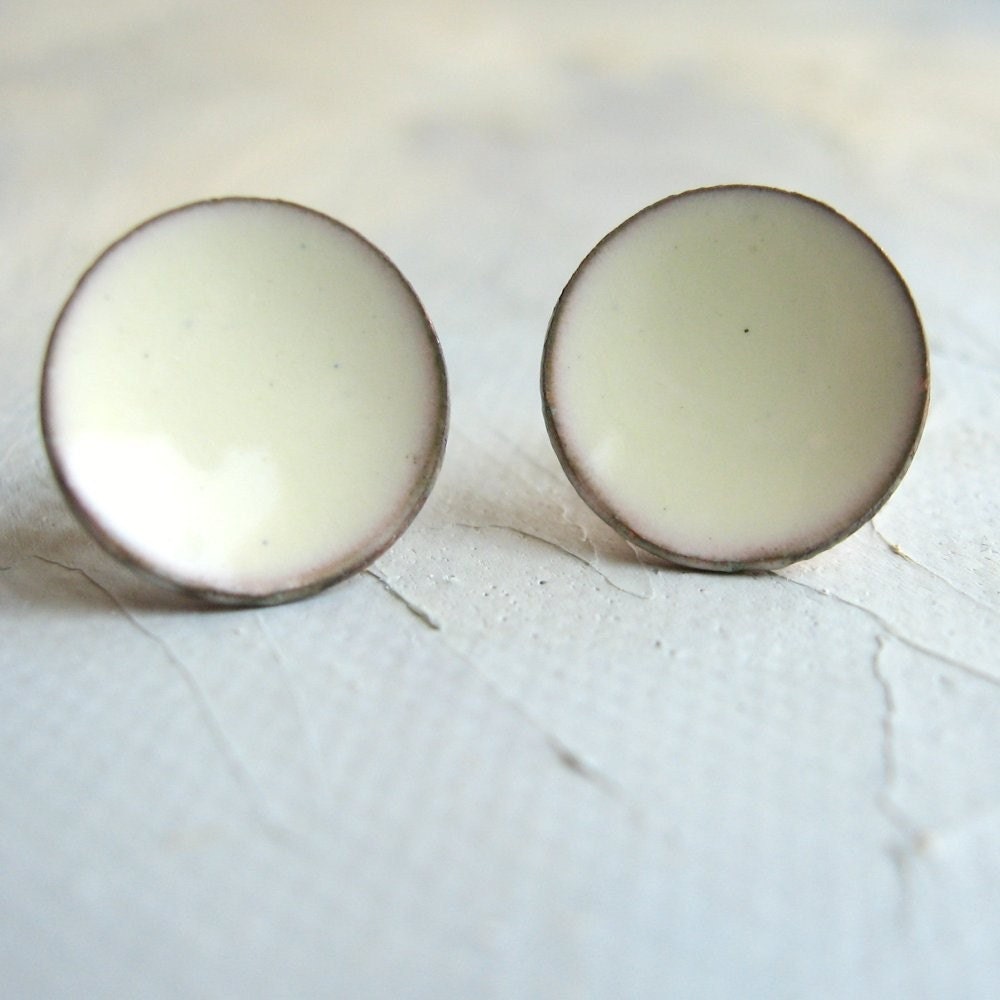 Antique White Enamel Post Earrings - handmade diamond white enamel concave dish stud earrings