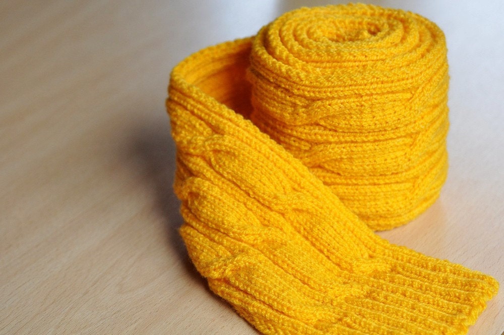 Hand knitted Aran yellow scarf
