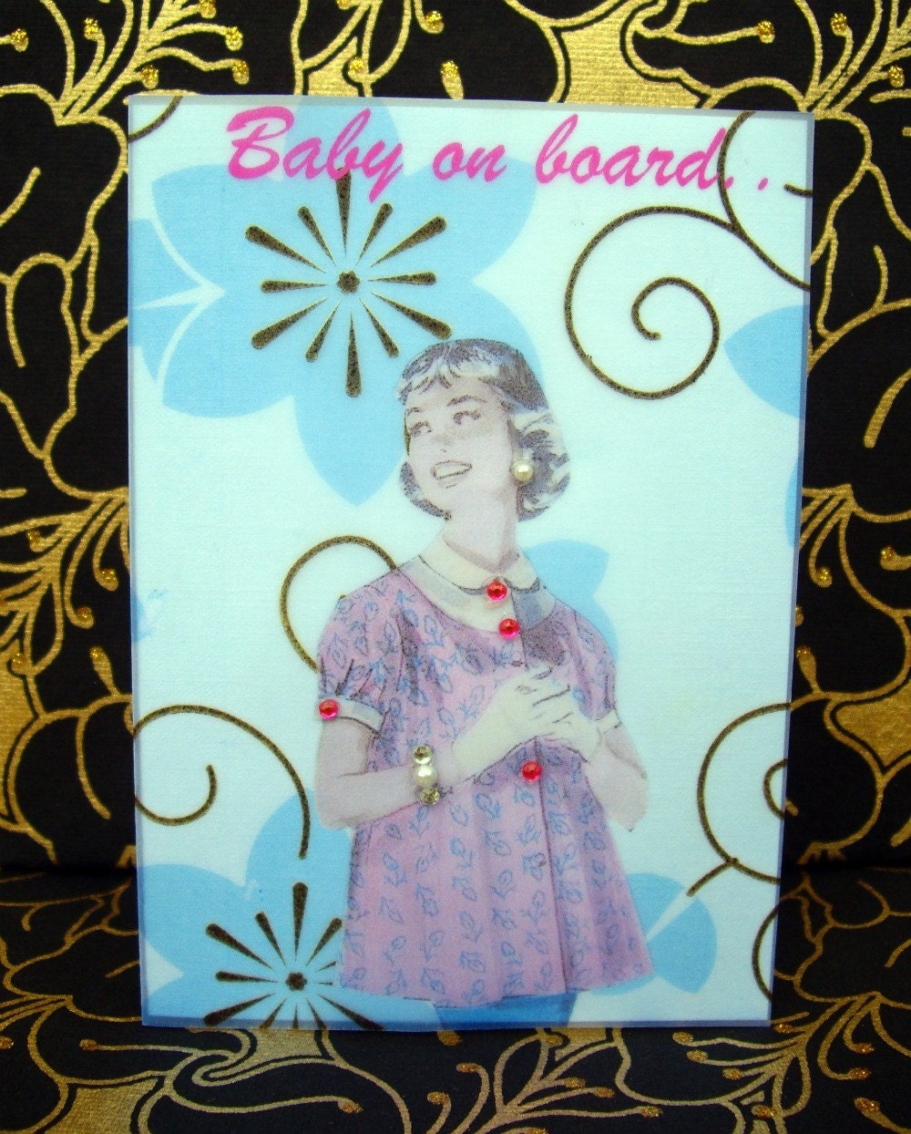 Betty Card / Baby on board / Vintage Printed Collection / Maternity 50s Glamour Girl / Handmade Greeting Card