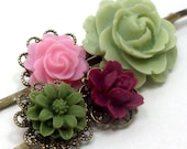 Hair Pins Flower Green Pink Maroon Bridal . APPLE BERRY - Free Shipping