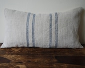 Blue striped vintage Hungarian grainsack pillow, large with kapok