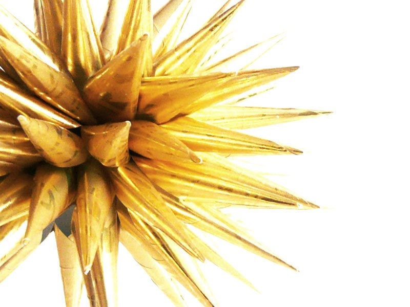 Shiny Gold Damask Pattern Paper Star Urchin Ornament - 4 inch