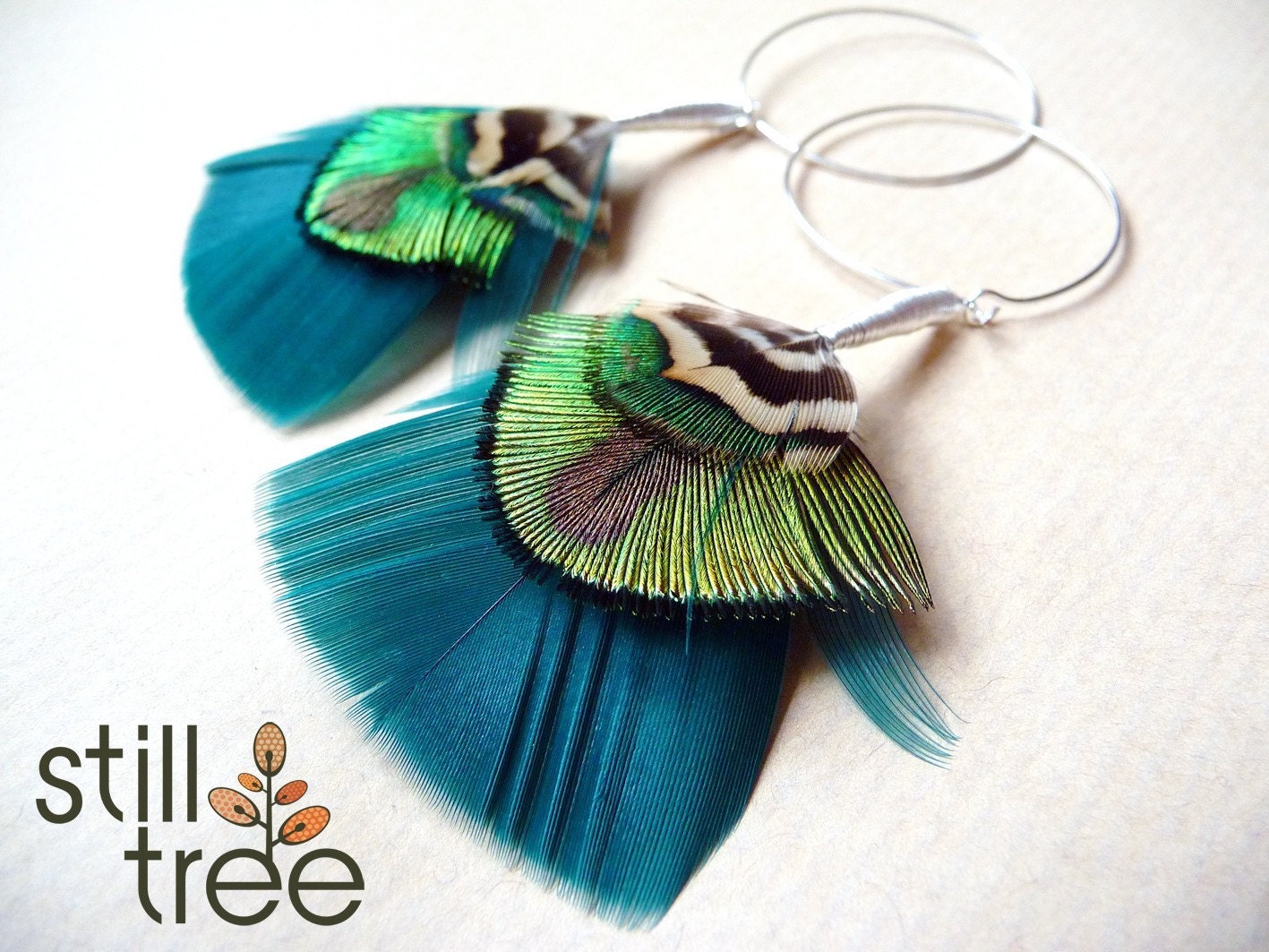 Teal and Green Iridescent Feather Earrings on Silver Hoops