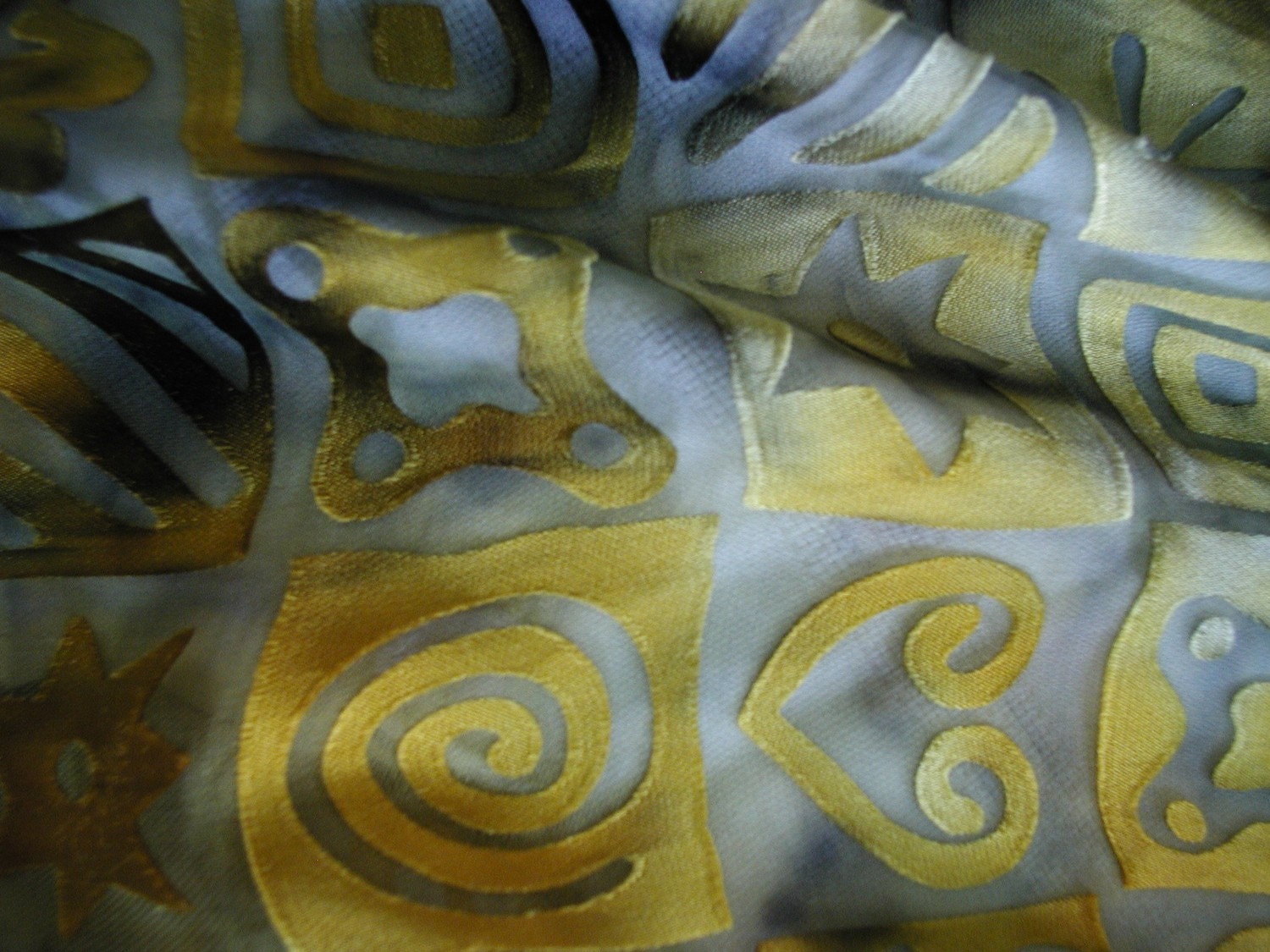 Hand dyed devore silk scarf in golden yellow and dark grays