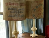 Pair of Vintage brass lamps with custom feed sack lampshades