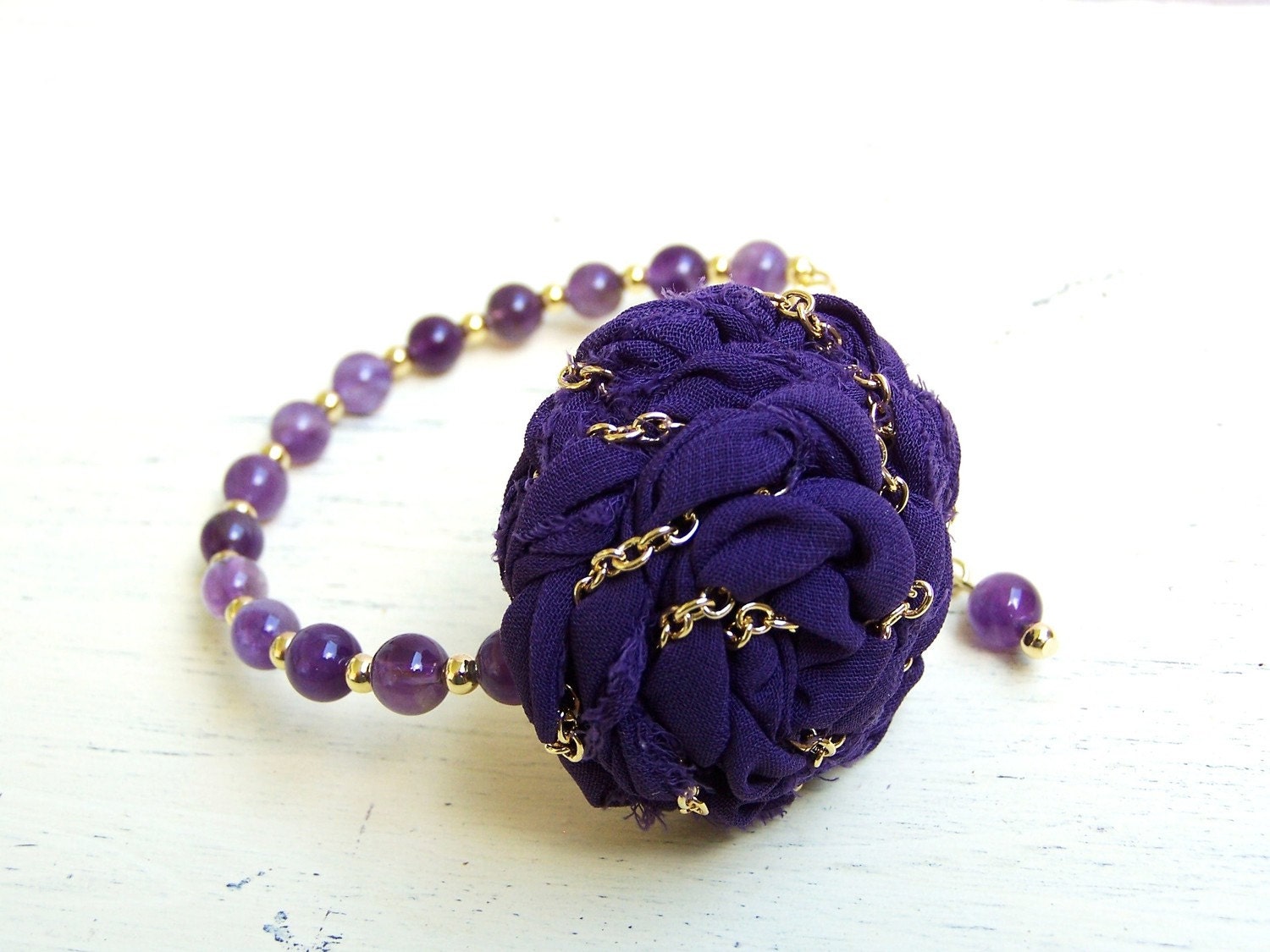 Chained Plum/ Fabric rosette statement bracelet with beads