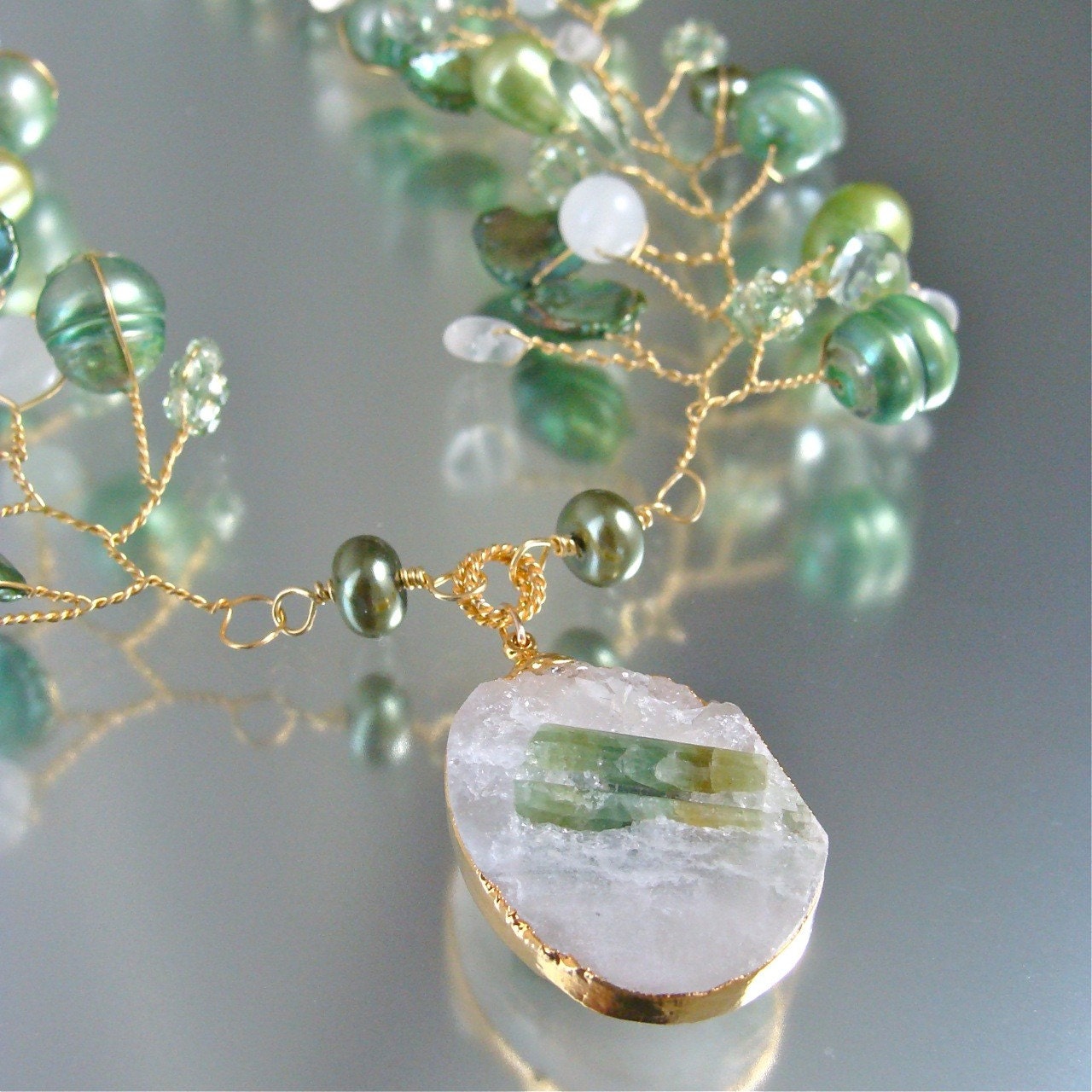 Hellebores Necklace (Flora Collection) - Freshwater Pearls, Prasiolite, Kyanite and Quartz with Green Tourmaline Crystal Pendant