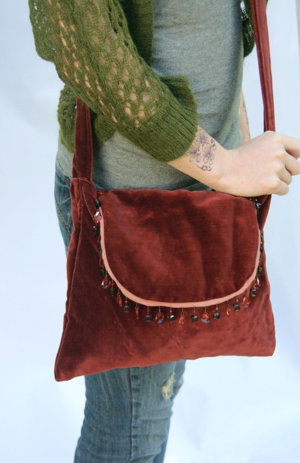 Eco Friendly Handmade Messenger Bag Reclaimed Vintage Mahogany Velvet Beaded Trim