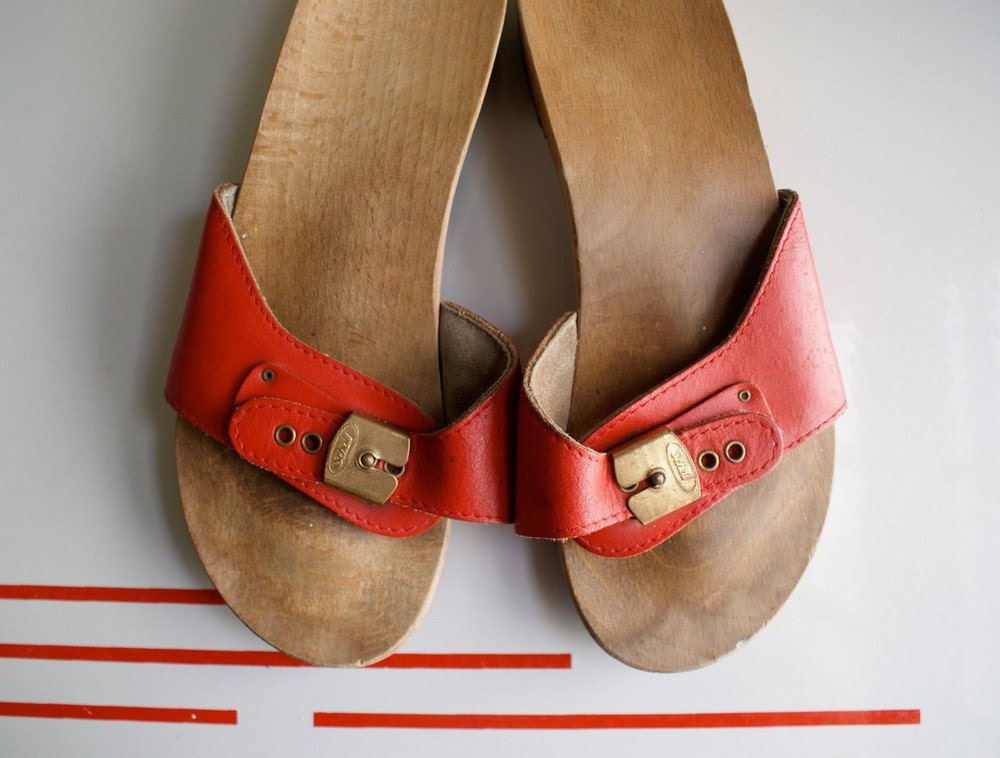 1970's Wooden and Red Leather Sandals