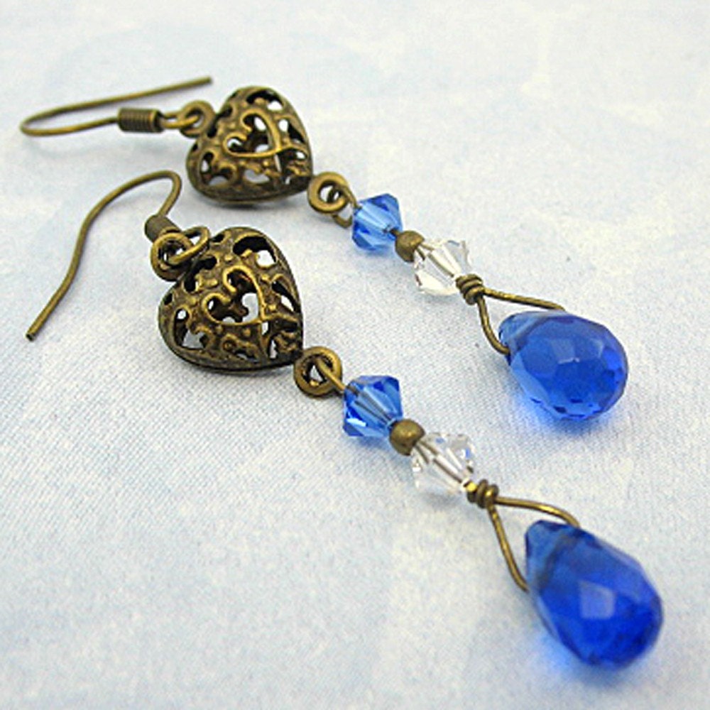 Victorian Style, Blue Sapphire Brass Filigree Earrings