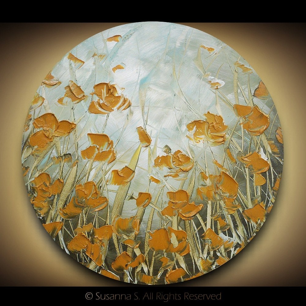 Poppy Flowers Landscape amber aqua palette knife oil painting - Modern contemporary impasto fine art by Susanna 20x20
