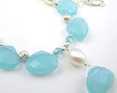 Aqua Necklace Glass Briolettes, Freshwater Pearls, Sterling Silver