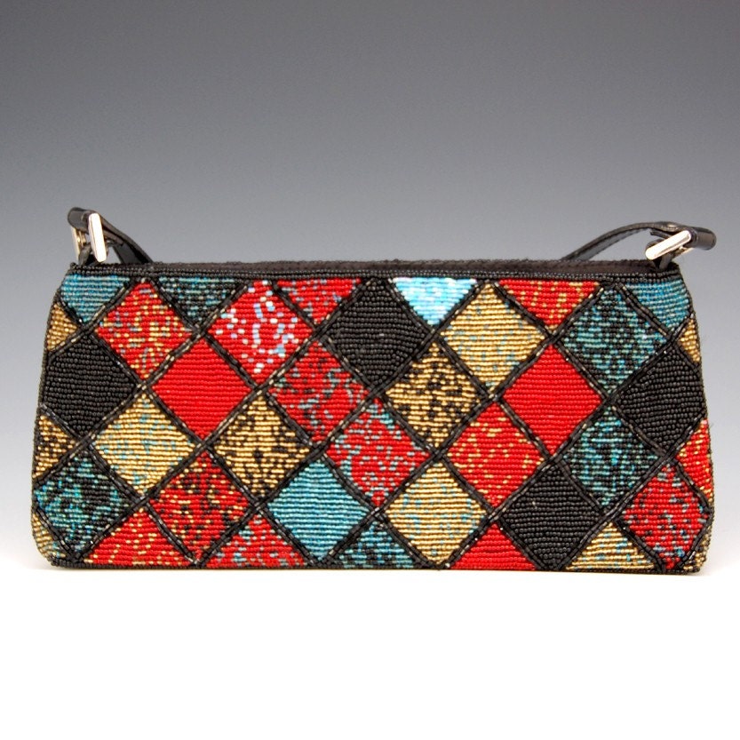 Vintage Black, Red and Blue Argyle Beaded Handbag - 1554