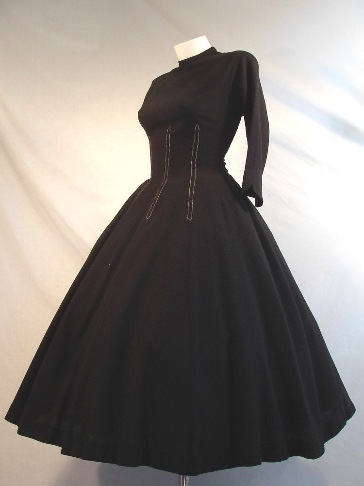 Vintage 40's Black Wool Day Dress Full Swing Skirt 140 inch Sweep Nipped Waist Stitching Batwing Dolmen 3/4 Length Sleeve