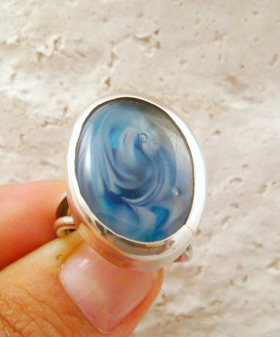Wavy Ocean Lampwork Sterling Silver Adjustable Ring in Blue Pink Grey Free Shipping Etsy