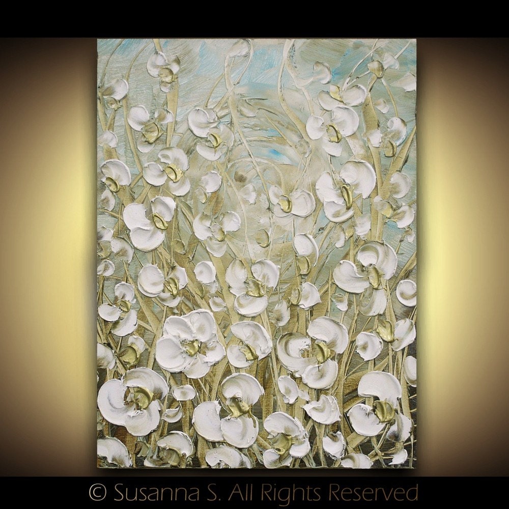 White Flowers Abstract Modern Palette Knife Impasto Oil Painting Natural Cream Contemporary Floral Fine Art by Susanna 18x24