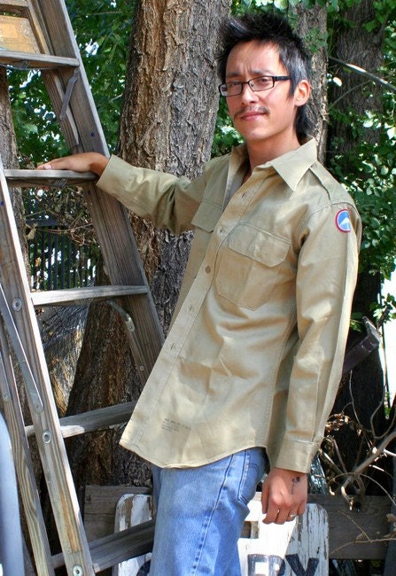 Vintage Mens Army Style Khaki Shirt with Shoulder Patch