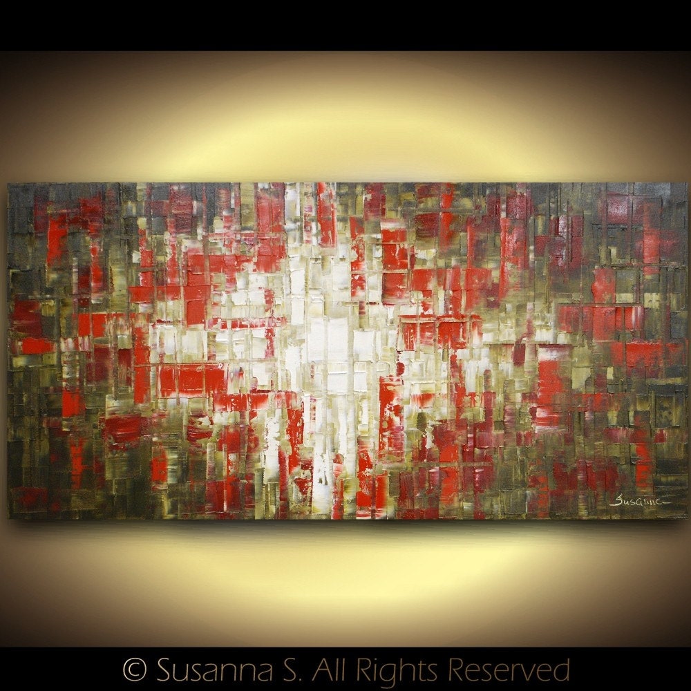 ORIGINAL Large Red Brown Abstract Geometric Modern Palette Knife Oil Textured Painting by Susanna 48x24